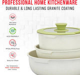Bakken 15-Piece Non-Stick Cookware Set with Detachable Handles – Granite Stackable Pots and Pans Set, Dish Washer Safe, Oven-Safe, and Compatible Kitchen Essential for All Stoves – Green/Cream