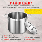 Stockpot – 12 Quart – Brushed Stainless Steel – Heavy Duty Induction Pot with Lid and Riveted Handles – For Soup, Seafood, Stock, Canning and for Catering for Large Groups and Events by BAKKEN