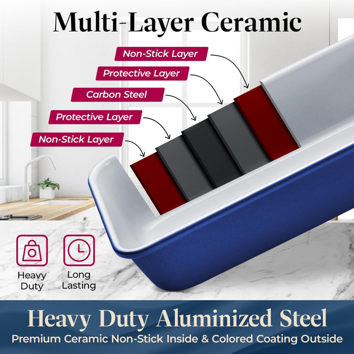 Premium Sheet Pan Set - Blue, Teal, Marble, Golden, Cream - Aluminized Steel with Ceramic Non-Stick Coating, PFOA & PFAS Free - Non-Toxic, Heavy-Duty Bakeware for Cake, Bread