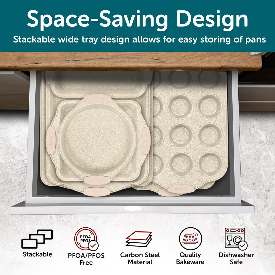 BAKKENMASTE 18-Piece Deluxe Nonstick Carbon Steel Bakeware Set - Professional Kitchen Oven Baking Pans with White Silicone Handles and Accessories