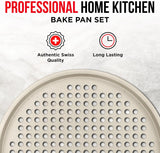 Bakken Pizza Baking Pan - Round Perforated Carbon Steel Pan with Non-Stick Marble Coating, Oversized Silicone Handle, Dishwasher Safe, High-Temperature Resistant, Durable & Easy Cleanup White, 2 Pack