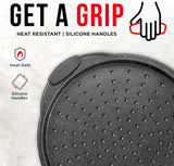 Bakken Pizza Baking Pan - Round Perforated Carbon Steel Pan with Non-Stick Marble Coating, Oversized Silicone Handle, Dishwasher Safe, High-Temperature Resistant, Durable & Easy Cleanup Gray