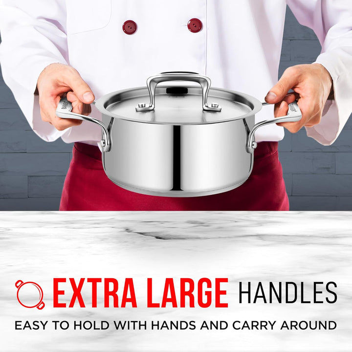 Stockpot – 2 Quart – Brushed Stainless Steel – Heavy Duty Induction Pot with Lid and Riveted Handles – For Soup, Seafood, Stock, Canning and for Catering for Large Groups and Events by BAKKEN