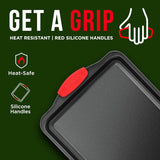 2 Piece Set Nonstick Carbon Steel Oven Bakeware -Professional Quality Kitchen Cooking Baking Trays -PFOA, PFOS, PTFE-Free Medium & Large Baking Sheet Pans with Red Silicone Handles