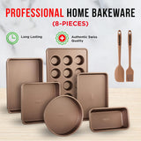 Bakeware Set – 8 Piece – Non-Stick Professional Home Bakeware – Multi Sized Baking Pan Set - Muffin Pan, Loaf Pan and More – Gold