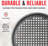 Bakken Pizza Baking Pan - Round Perforated Carbon Steel Pan with Non-Stick Marble Coating, Oversized Silicone Handle, Dishwasher Safe, High-Temperature Resistant, Durable & Easy Cleanup Gray, 2 Pack