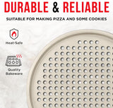 Bakken Pizza Baking Pan - Round Perforated Carbon Steel Pan with Non-Stick Marble Coating, Oversized Silicone Handle, Dishwasher Safe, High-Temperature Resistant, Durable & Easy Cleanup White, 1 Pack