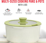 Bakken 15-Piece Non-Stick Cookware Set with Detachable Handles – Granite Stackable Pots and Pans Set, Dish Washer Safe, Oven-Safe, and Compatible Kitchen Essential for All Stoves – Green/Cream