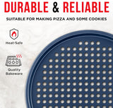 Bakken Pizza Baking Pan - Round Perforated Carbon Steel Pan with Non-Stick Marble Coating, Oversized Silicone Handle, Dishwasher Safe, High-Temperature Resistant, Durable Easy Cleanup - Blue,Pack of 2