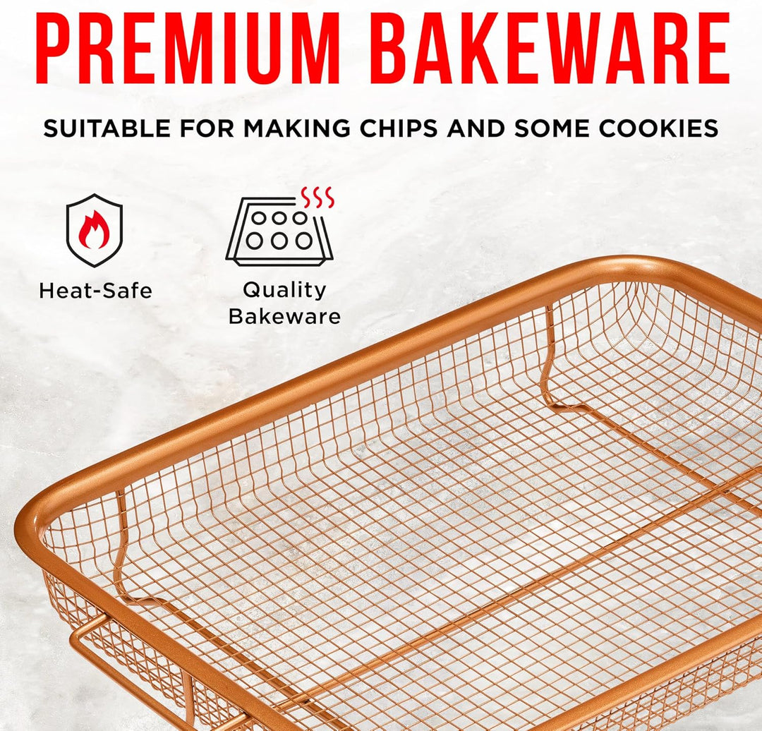 Bakken Swiss Air Fryer Tray,2in1 Nonstick Copper Crisper Air Fry Basket w/Elevated Mesh Great For Oven, For Baking & Crispy Foods, Dishwasher Safe,PTFE/PFOA/PFOS FREE Extra-large 9.5"x13",Copper