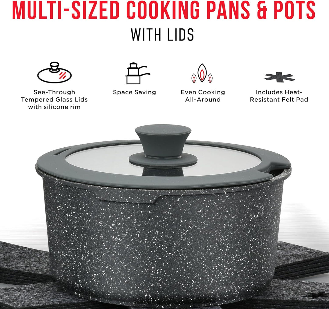Bakken 15-Piece Non-Stick Cookware Set with Detachable Handles – Granite Stackable Pots and Pans Set, Dishwasher Safe, Oven-Safe, and Compatible Kitchen Essential for All Stoves – Black Granite