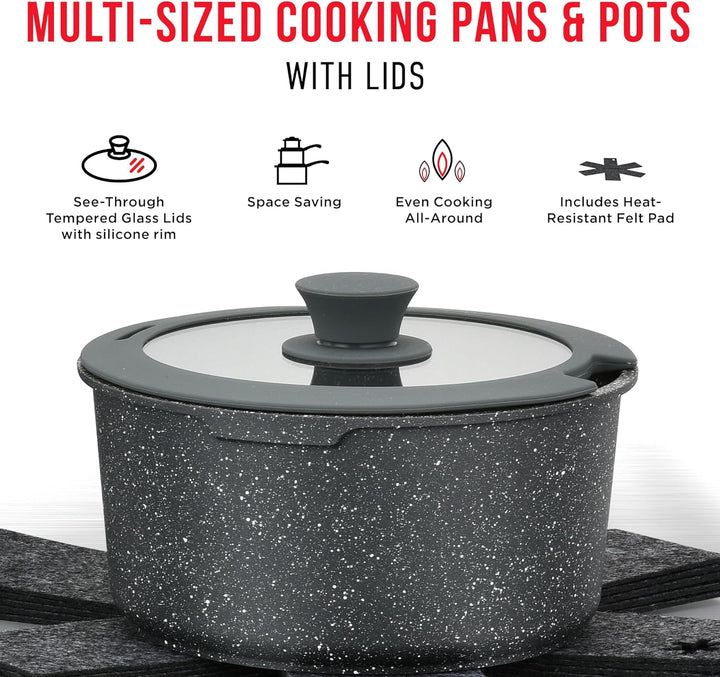 Bakken 15-Piece Non-Stick Cookware Set with Detachable Handles – Granite Stackable Pots and Pans Set, Dishwasher Safe, Oven-Safe, and Compatible Kitchen Essential for All Stoves – Black Granite