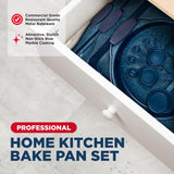 BAKKEN Kitchen Baking Pan Set - Nonstick Coating, Carbon Steel Bakeware Sets with Blue Silicone Handles, Baking Kitchen Essentials, PFOA, PFOS, PTFE Free, Oven Safe Tray (Up To 450° F), Set of 18