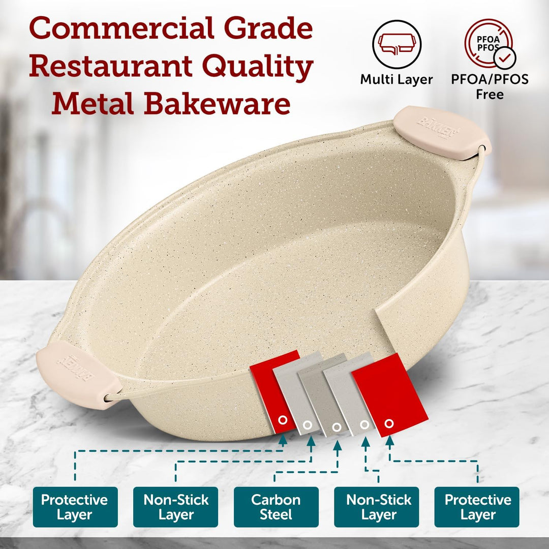 BAKKENMASTE 18-Piece Deluxe Nonstick Carbon Steel Bakeware Set - Professional Kitchen Oven Baking Pans with White Silicone Handles and Accessories