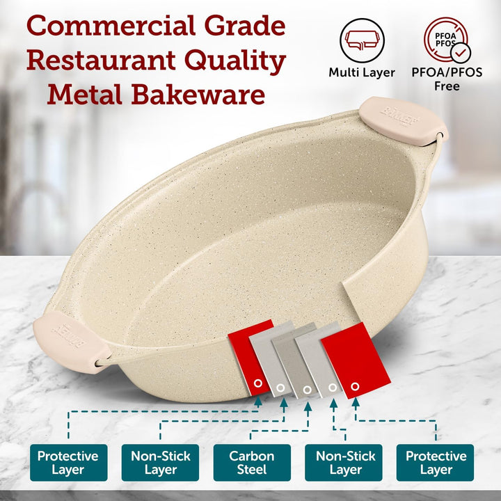 BAKKENMASTE 18-Piece Deluxe Nonstick Carbon Steel Bakeware Set - Professional Kitchen Oven Baking Pans with White Silicone Handles and Accessories