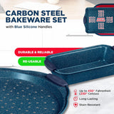 BAKKEN Kitchen Baking Pan Set - Nonstick Coating, Carbon Steel Bakeware Sets with Blue Silicone Handles, Baking Kitchen Essentials, PFOA, PFOS, PTFE Free, Oven Safe Tray (Up To 450° F), Set of 18
