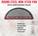 Bakken Pizza Baking Pan - Round Perforated Carbon Steel Pan with Non-Stick Marble Coating, Oversized Silicone Handle, Dishwasher Safe, High-Temperature Resistant, Durable & Easy Cleanup Gray, 2 Pack