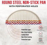 Bakken Pizza Baking Pan - Round Perforated Carbon Steel Pan with Non-Stick Marble Coating, Oversized Silicone Handle, Dishwasher Safe, High-Temperature Resistant, Durable & Easy Cleanup White, 1 Pack