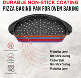 Bakken Pizza Baking Pan - Round Perforated Carbon Steel Pan with Non-Stick Marble Coating, Oversized Silicone Handle, Dishwasher Safe, High-Temperature Resistant, Durable & Easy Cleanup Gray, 2 Pack
