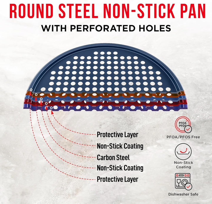 Bakken Pizza Baking Pan - Round Perforated Carbon Steel Pan with Non-Stick Marble Coating, Oversized Silicone Handle, Dishwasher Safe, High-Temperature Resistant, Durable Easy Cleanup - Blue,Pack of 2