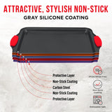 2 Piece Set Nonstick Carbon Steel Oven Bakeware -Professional Quality Kitchen Cooking Baking Trays -PFOA, PFOS, PTFE-Free Medium & Large Baking Sheet Pans with Red Silicone Handles