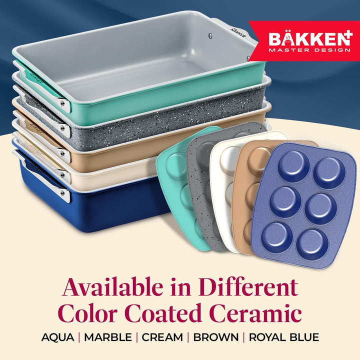 Premium Sheet Pan Set - Blue, Teal, Marble, Golden, Cream - Aluminized Steel with Ceramic Non-Stick Coating, PFOA & PFAS Free - Non-Toxic, Heavy-Duty Bakeware for Cake, Bread