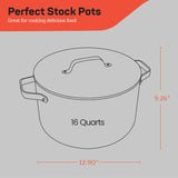 Black 16 Quart Aluminum Stock Pot with Lid, Nonstick Ceramic Coated Boiling Pot, PTFE & PFAS Free, Oven Safe to 500°F, Riveted Stainless Steel Handles, Tempered Glass Lid, All Stove Compatible