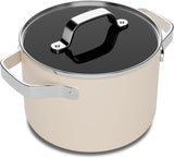 Cream 3 Quart Aluminum Stock Pot with Lid, Nonstick Ceramic Coated Boiling Pot, PTFE & PFAS Free, Oven Safe to 500°F, Riveted Stainless Steel Handles, Tempered Glass Lid, All Stove Compatible