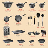 Cookware Set – 23 Piece –Black Multi-Sized Cooking Pots with Lids, Skillet Fry Pans and Bakeware – Reinforced Pressed Aluminum Metal - for Gas, Electric, Ceramic and Induction by BAKKEN Swiss