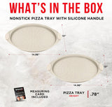 Bakken Pizza Baking Pan - Round Perforated Carbon Steel Pan with Non-Stick Marble Coating, Oversized Silicone Handle, Dishwasher Safe, High-Temperature Resistant, Durable & Easy Cleanup White, 2 Pack