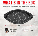Bakken Pizza Baking Pan - Round Perforated Carbon Steel Pan with Non-Stick Marble Coating, Oversized Silicone Handle, Dishwasher Safe, High-Temperature Resistant, Durable & Easy Cleanup Gray