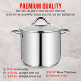 Bakken-Swiss Deluxe 12-Quart Stainless Steel Stockpot w/Tempered Glass See-Through Lid - Simmering Delicious Soups Stews & Induction Cooking - Exceptional Heat Distribution - Heavy-Duty & Food-Grade