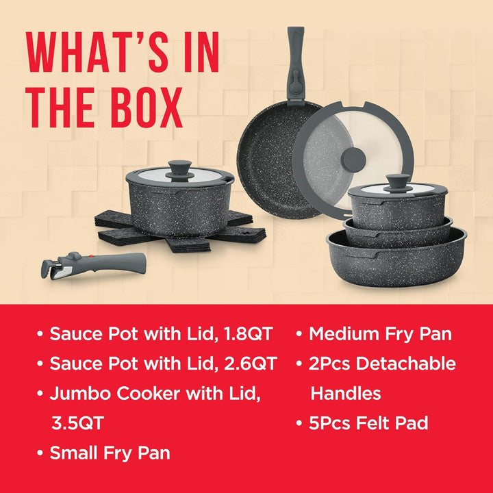 Bakken 15-Piece Non-Stick Cookware Set with Detachable Handles – Granite Stackable Pots and Pans Set, Dishwasher Safe, Oven-Safe, and Compatible Kitchen Essential for All Stoves – Black Granite