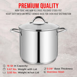 Bakken-Swiss Deluxe 16-Quart Stainless Steel Stockpot w/Tempered Glass See-Through Lid - Simmering Delicious Soups Stews & Induction Cooking - Exceptional Heat Distribution - Heavy-Duty & Food-Grade