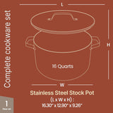 Cream 16 Quart Aluminum Stock Pot with Lid, Nonstick Ceramic Coated Boiling Pot, PTFE & PFAS Free, Oven Safe to 500°F, Riveted Stainless Steel Handles, Tempered Glass Lid, All Stove Compatible
