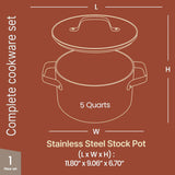 Blue 5 Quart Aluminum Stock Pot with Lid, Nonstick Ceramic Coated Boiling Pot, PTFE & PFAS Free, Oven Safe to 500°F, Riveted Stainless Steel Handles, Tempered Glass Lid, All Stove Compatible