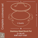Black 3 Quart Aluminum Stock Pot with Lid, Nonstick Ceramic Coated Boiling Pot, PTFE & PFAS Free, Oven Safe to 500°F, Riveted Stainless Steel Handles, Tempered Glass Lid, All Stove Compatible