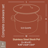 Cream 12.5 Quart Aluminum Stock Pot with Lid, Nonstick Ceramic Coated Boiling Pot, PTFE & PFAS Free, Oven Safe to 500°F, Riveted Stainless Steel Handles, Tempered Glass Lid, All Stove Compatible