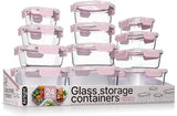 Bakken Borosilicate Glass Food Storage Containers with Lids 24 Pieces, Airtight Leak-Proof, Pink