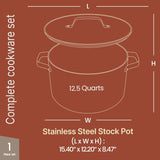 Blue 12.5 Quart Aluminum Stock Pot with Lid, Nonstick Ceramic Coated Boiling Pot, PTFE & PFAS Free, Oven Safe to 500°F, Riveted Stainless Steel Handles, Tempered Glass Lid, All Stove Compatible