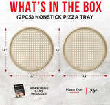 Bakken Pizza Baking Pan - Round Perforated Carbon Steel Pan with Non-Stick Marble Coating, Oversized Silicone Handle, Dishwasher Safe, High-Temperature Resistant, Durable & Easy Cleanup White, 2 Pack