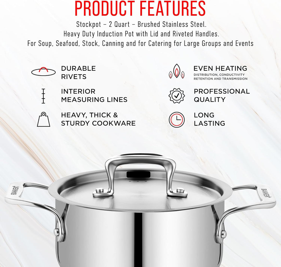 Stockpot – 2 Quart – Brushed Stainless Steel – Heavy Duty Induction Pot with Lid and Riveted Handles – For Soup, Seafood, Stock, Canning and for Catering for Large Groups and Events by BAKKEN