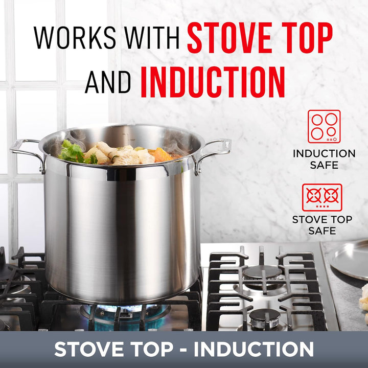 Stockpot – 12 Quart – Brushed Stainless Steel – Heavy Duty Induction Pot with Lid and Riveted Handles – For Soup, Seafood, Stock, Canning and for Catering for Large Groups and Events by BAKKEN
