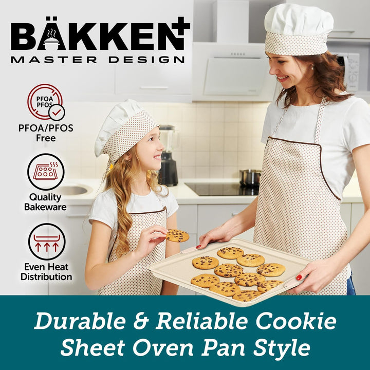 BAKKENMASTE 18-Piece Deluxe Nonstick Carbon Steel Bakeware Set - Professional Kitchen Oven Baking Pans with White Silicone Handles and Accessories