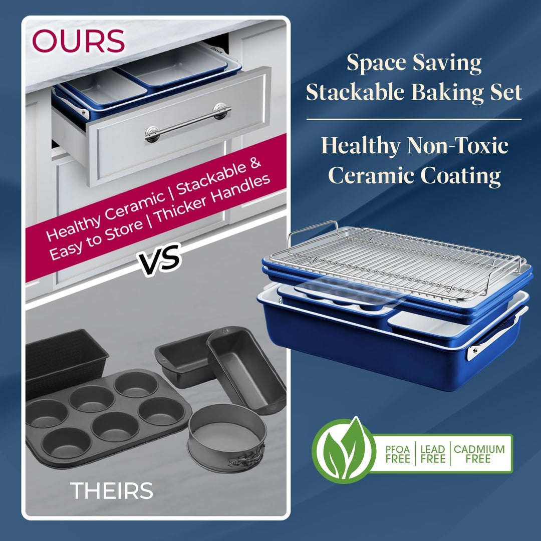 Premium Sheet Pan Set - Blue, Teal, Marble, Golden, Cream - Aluminized Steel with Ceramic Non-Stick Coating, PFOA & PFAS Free - Non-Toxic, Heavy-Duty Bakeware for Cake, Bread