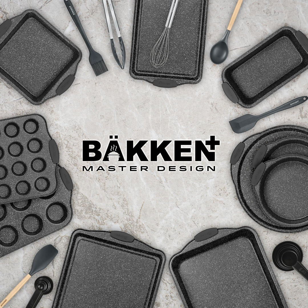 18-Piece Kitchen Oven Baking Set: Nonstick Gray Marble Coating, Carbon Steel Bakeware, Silicone Handles, Dishwasher Safe, Professional Quality, PFOA-Free