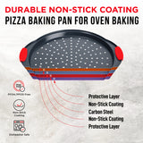 Pizza Tray – 2 Round with Silicone Handles – Carbon Steel Pizza Pan with Holes and Non-Stick Coating – PFOA PFOS and PTFE Free by Bakken