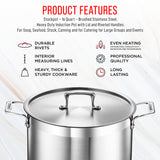 Stockpot – 16 Quart – Brushed Stainless Steel – Heavy Duty Induction Pot with Lid and Riveted Handles – For Soup, Seafood, Stock, Canning and for Catering for Large Groups and Events by BAKKEN