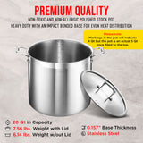 Stockpot – 20 Quart – Brushed Stainless Steel – Heavy Duty Induction Pot with Lid and Riveted Handles – For Soup, Seafood, Stock, Canning and for Catering for Large Groups and Events by BAKKEN