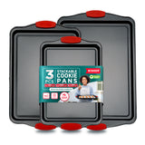 BAKKEN Cookie Sheets for Baking Nonstick Set - 3-Piece Stackable Carbon Steel Baking Sheet Pans Set with Silicone Handles, Non Toxic Cookie Sheets for Baking Bakeware Set - Black